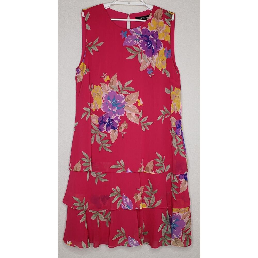 Lauren Ralph Lauren Black Label Dress Sz 14 Sleeveless Pink Floral Tiered Shift